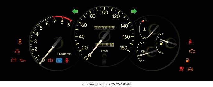 Realistic mid 90s Japanese sport coupe gauge cluster in turbo intercooler fuel injected gasoline engine and manual gearbox illustration vector.