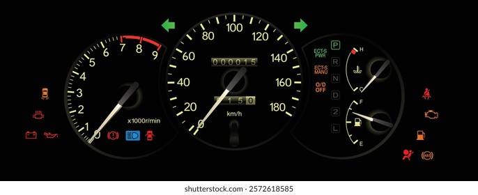 Realistic mid 90s Japanese sport coupe gauge cluster in fuel injected gasoline engine and electronic control auto gearbox included traction control lamp illustration vector.