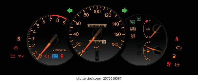 Realistic mid 90s Japanese sport coupe white orange sport themed gauge cluster in high performance fuel injected gasoline engine and electronic control auto gearbox illustration vector.