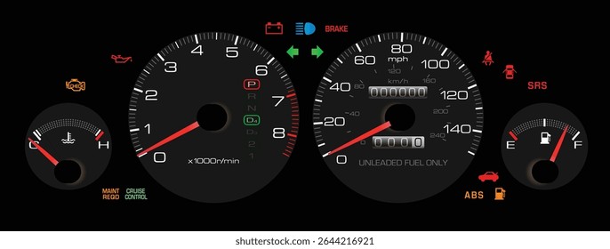 Realistic mid 90s Japanese sport sedan US specs gauge cluster with fuel injected gasoline engine and automatic gearbox gearbox included immobilizer and service indicator and cruise control vector.