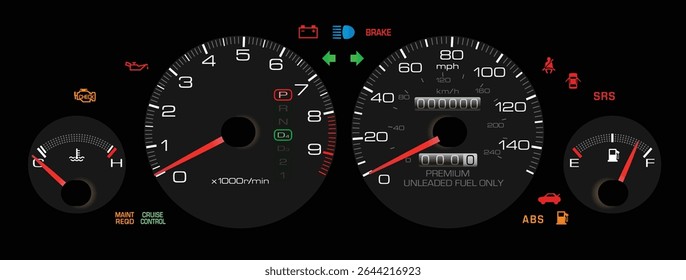 Realistic mid 90s Japanese sport sedan US specs gauge cluster with fuel injected gasoline engine and automatic gearbox gearbox included immobilizer and service indicator and cruise control vector.