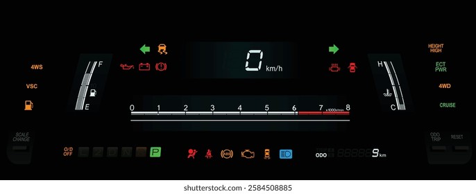 Realistic mid 90s Japanese ultra luxury car digital LCD reflex gauge cluster in electronic 4 speed 4WD automatic gearbox and V8 gasoline engine included electronic 4WS function illustration vector.