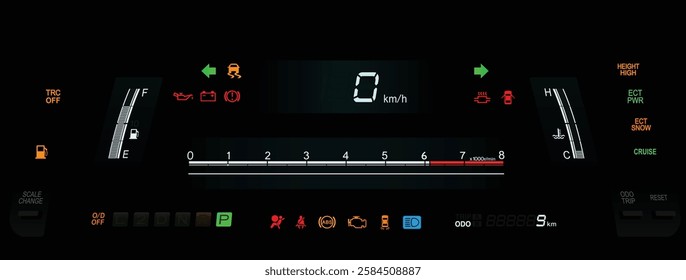 Realistic mid 90s Japanese ultra luxury car digital LCD reflex gauge cluster in electronic 4 speed RWD automatic gearbox and V8 gasoline engine included traction control illustration vector.