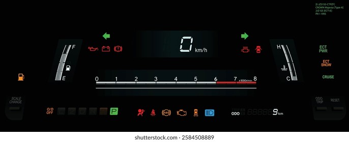 Realistic mid 90s Japanese ultra luxury car digital LCD reflex gauge cluster in electronic 4 speed RWD automatic gearbox and inline 6 cylinders gasoline engine illustration vector.