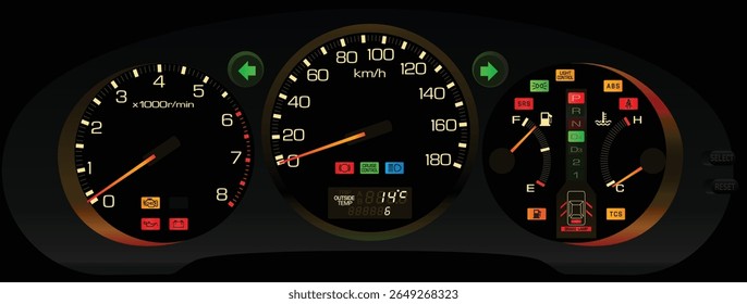Realistic mid 90s night time Japanese premium luxury large sedan gauge cluster in fully function digital trip meter yellowish white theme without exhaust gas warning light illustration vector.