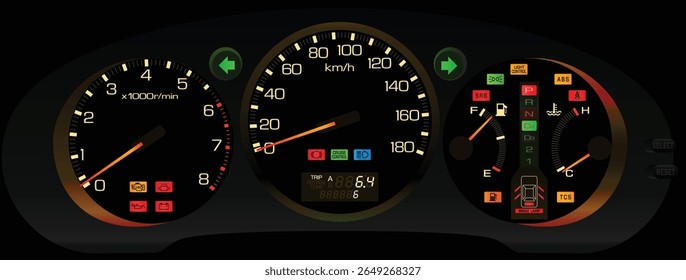 Realistic mid 90s night time Japanese premium luxury large sedan gauge cluster in fully function digital trip meter yellowish white theme included exhaust gas warning light illustration vector.
