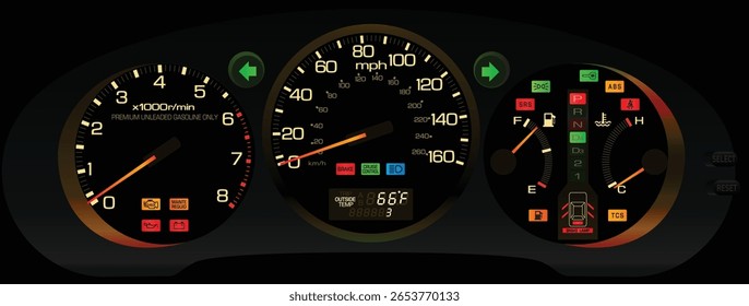 Realistic mid 90s night time the US specs Japanese premium large sedan gauge cluster in fully function digital trip meter yellowish white theme with service indicator lamp illustration vector.