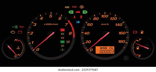 Realista média Y2K automática japonês SUV calibre cluster em japonês especificações ilustração vetor.