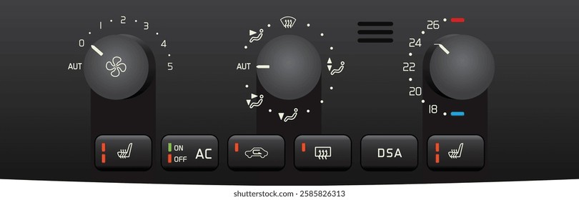 Realistic mid y2k car electronic auto climate control in dial type switch and push type switch with cabin temperature ambient sensor and rear defogger switch with Celsius dial illustration vector.