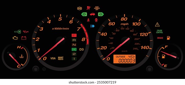 Realistic mid Y2K Japanese compact SUV instrument panel US specification with automatic transmission gear indicator included miles and kilometers measuring unit illustration vector.