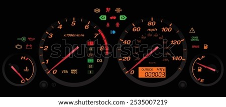 Realistic mid Y2K Japanese compact SUV instrument panel US specification with automatic transmission gear indicator included miles and kilometers measuring unit illustration vector.