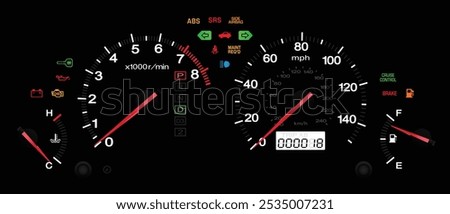 Realistic mid Y2K Japanese compact sedan instrument panel US specification with automatic transmission gear indicator included miles and kilometers measuring unit illustration vector.