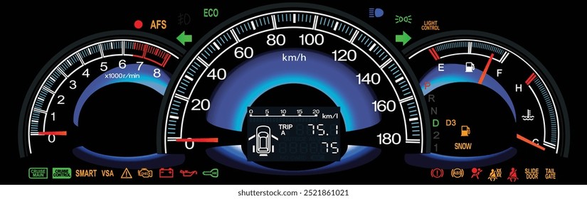 Grande minivan de lujo japonesa realista mid y2k en Especificaciones japonesas en velocímetro de iluminación de caja de cambios automática con efecto de reflexión 3D azul downlight y Vector de ilustración de crucero.