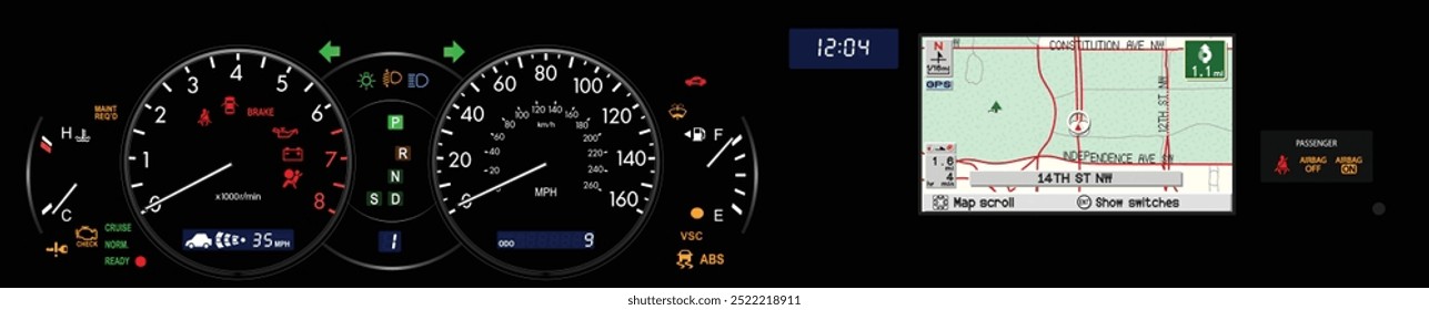 Realista mid y2k Grande sedán de lujo japonés en Especificaciones estadounidenses en motor de gasolina velocímetro de iluminación de caja de cambios automática con navegación Vector de ilustración de computadora a bordo.