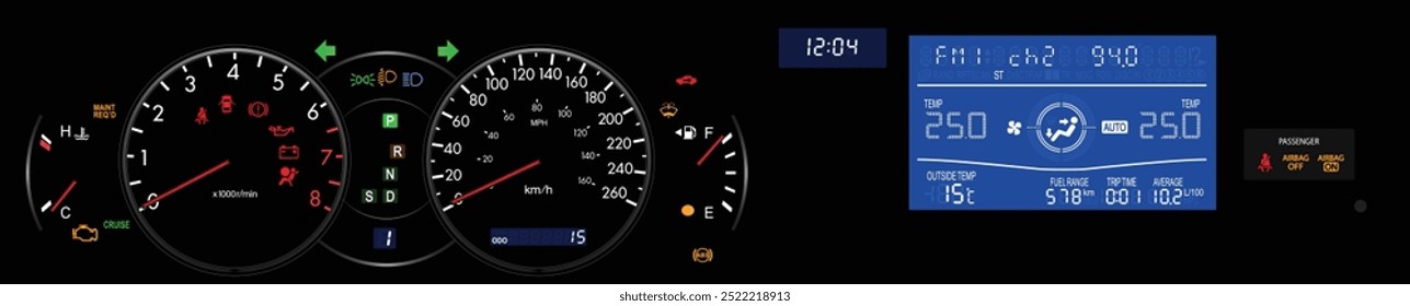 Realista mid y2k Grande sedán de lujo japonés en Especificaciones canadienses en motor de gasolina velocímetro de iluminación de caja de cambios automática con Vector de ilustración de pantalla de computadora de viaje.