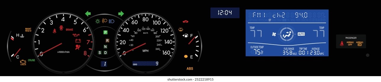 Realista mid y2k Grande sedán de lujo japonés en Especificaciones estadounidenses en motor de gasolina velocímetro de iluminación de caja de cambios automática con Vector de ilustración de pantalla de computadora de viaje.