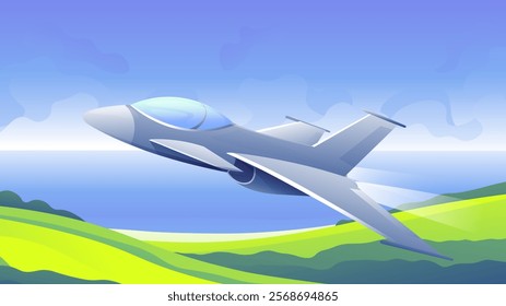 Realistic military defense fighter jet flying over field scene. Cartoon gray airplane side view.