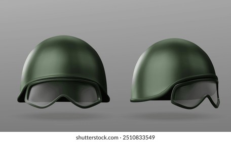 Realistic military green khaki color helmet with tactical glasses. 3d vector modern army soldier head bulletproof protection hat with goggle. combat defense and survival uniform clothing mockup.