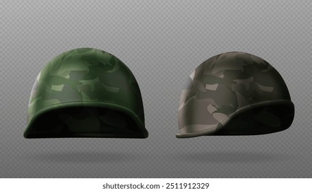 Realistic military helmet isolated. Army equipment for soldier hat mockup with camo set. 3d warrior safe and battle defense camouflage accessory object render template collection for combat game