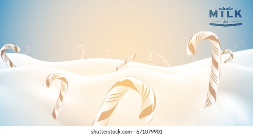 Realistic milk background vector illustration with candy