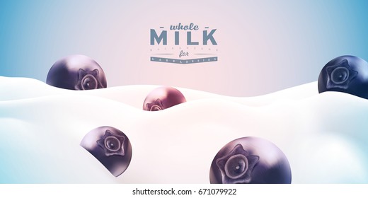 Realistic milk background vector illustration with tasty blueberry