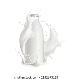 Realistic milk bottle with cream splash, isolated vector white wave with drops around glass flask with dairy product. 3d fluid with splatters, liquid milky flow stream, calcium food