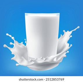 Botella de leche realista con salpicadura de crema, onda blanca de Vector aislada con gotas alrededor del frasco de vidrio con producto lácteo. Fluido 3D con salpicaduras, flujo lechoso líquido, alimentos de calcio