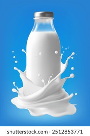 Botella de leche realista con salpicadura de crema, onda blanca de Vector aislada con gotas alrededor del frasco de vidrio con producto lácteo. Fluido 3D con salpicaduras, flujo lechoso líquido, alimentos de calcio