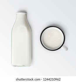 Realistic Milk Bottle And Cup Isolated On White. EPS10 Vector