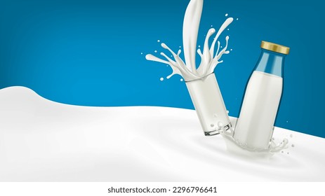 Realistic Milk Bottle Package And Glass Mock Up. EPS10 Vector