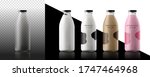 Realistic milk bottles. Blank glass bottle drink water juice packaging empty mock up container vector template