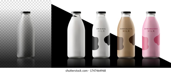 Realistic milk bottles. Blank glass bottle drink water juice packaging empty mock up container vector template