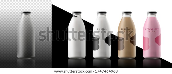 Realistic milk bottles.\
Blank glass bottle drink water juice packaging empty mock up\
container vector\
template