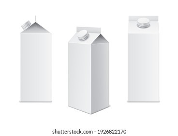 Realistic milk box. 3d white cardboard template for juice, milk and beverage package, different viewing angles drinks blank mockups. Closed rectangular container brand presentation vector isolated set - Shutterstock ID 1926822170