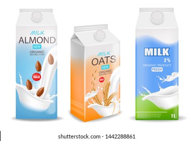 Realistic milk box, almond milk, oats milk and fresh milk, package design, 3d container isolated, new design, fresh product vector illustration