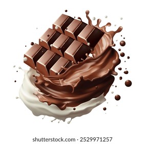 Barra de chocolate de leite realista com respingos e polvilhos. Composição do vetor Derretimento líquido coroa gotas. Isolado no plano de fundo. Ilustração vetorial. Malha de gradiente