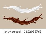 Realistic milk and chocolate splash waves. Dessert and dairy concept. Vector illustration
