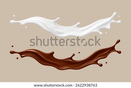 Realistic milk and chocolate splash waves. Dessert and dairy concept. Vector illustration
