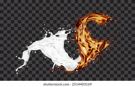 Realistic milk cocoa splash spiral dynamic on grey checkered background vector illustration.