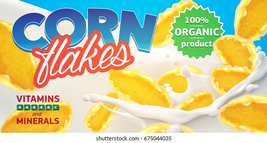 Realistic milk and corn flakes vector illustration with big splash