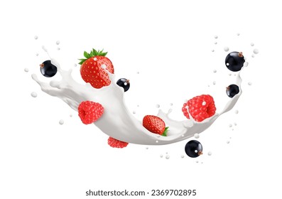 Realistic milk drink flow splash with berries. Isolated 3d vector realistic dairy product, yogurt or cream white liquid stream with strawberry, black currant, raspberry and drops fresh summer cocktail