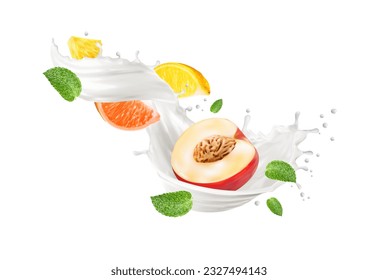 La bebida de leche es realista y se regala con frutas frescas. Bebida láctea, producto lácteo natural o batido de ordeño, salpicaduras vectoriales realistas con nectarina, pomelo y naranja, piña, hojas de menta