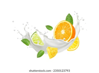 La bebida de leche es realista y se regala con frutas frescas. Hojas de naranja, lima, limón, piña y menta. Giro de crema blanca vectorial aislado en 3d, batido lechoso, yogur con cítricos frescos y rodajas tropicales