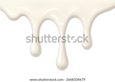 Realistic milk drips forming soft elongated streams on white backdrop, ideal for dairy concepts.