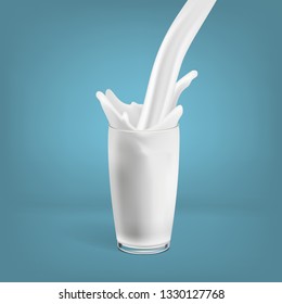 Realistic Milk Flow In Glass And Splash. EPS10 Vector