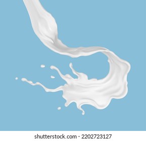 Realistic milk flow splash isolated on blue background. Vector illustration