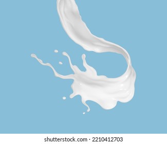 Realistic milk flow splash isolated on blue background. Vector illustration