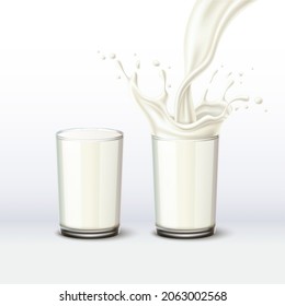 Realistic milk glass. 3D milkshake splash. Organic