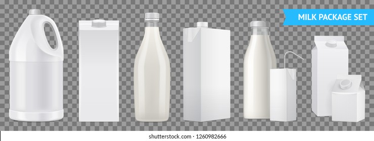 Realistic milk package transparent icon set white bottles in different shapes and sizes vector illustration