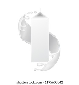 Realistic milk packaging carton box in realistic milk splash. Dairy product illustration